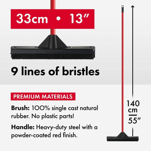 13 Inch Rubber Broom & Squeegee - 100% Natural Rubber with Aluminum Anti-Rust Handle for Hair Removal