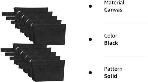 10 Pieces Cotton Canvas Makeup Bag - Multi-Purpose Cosmetic Bag with Zipper, Travel Toiletry Pouch (S, Black)