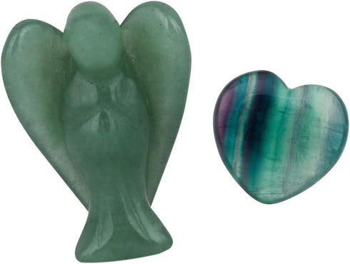Rockcloud Healing Crystals Puff Heart & Guardian Angel Figurine, Carved Worry Stone Chakra Reiki Balancing Set