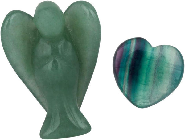 Rockcloud Healing Crystals Puff Heart & Guardian Angel Figurine, Carved Worry Stone Chakra Reiki Balancing Set