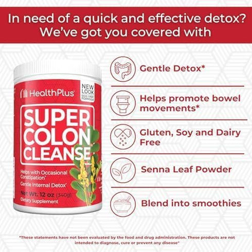 Health Plus Super Colon Cleanse, 12 oz Powder, 68 Servings - Natural Detox with Psyllium Husk & Senna Leaf