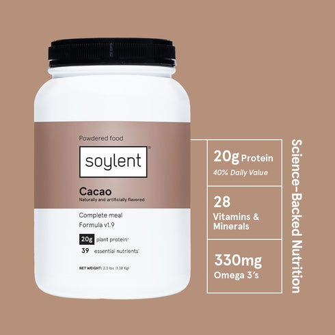 Soylent Complete Nutrition Meal Replacement Protein Powder, Cacao - Plant Based Vegan, 39 Essential Nutrients, 36.8oz