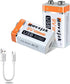 USB 9V Rechargeable Battery, Quick Charge in 1.5 Hours, 1200mAh with Type C Port Cable (2-Pack)