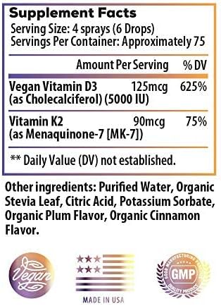 Ideal Infusion Vegan Vitamin D3 5000 iu Liquid Spray with K2 (MK-7) - Organic Plum with Cinnamon, 75 Servings