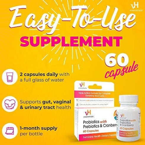 vH Essentials Probiotics for Women with Prebiotics, Cranberry & Vitamin C - 60 Capsules, Vaginal & Gut Health