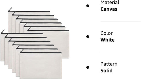 12 Pieces White Cotton Canvas Makeup Bag, Multipurpose Cosmetic Pouch with Zipper, Travel Toiletry Bag (White, M)