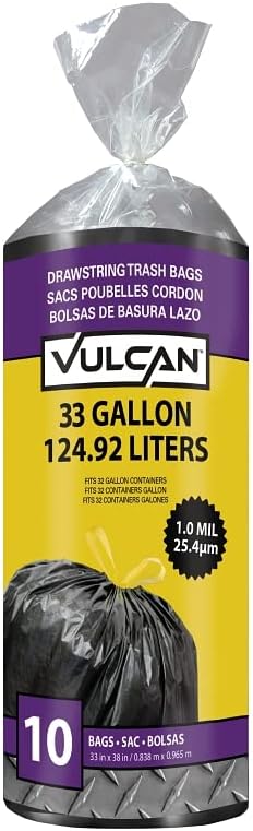 Rocky Mountain Goods 33 Gallon Trash Bags, 10 Count, Heavy Duty 3 Layer Drawstring, Large Black Plastic