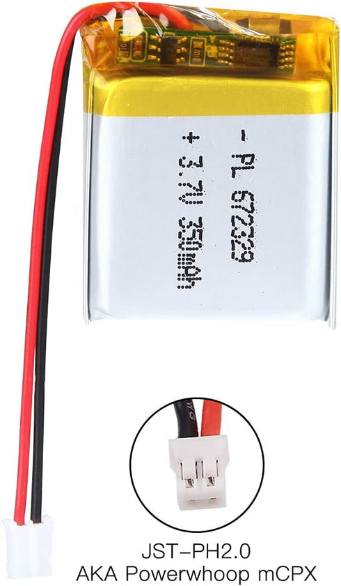 3.7V 350mAh Lithium Polymer Ion Battery, Rechargeable with 2P PH 2.0mm Connector