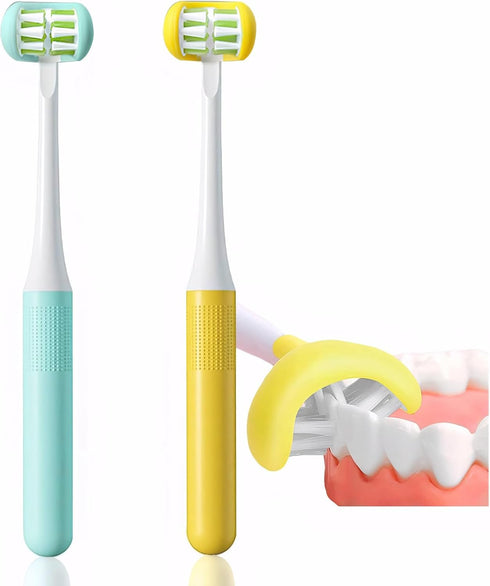 2 Pieces 3 Sided Toddler Toothbrush - Soft Bristles for Kids Tooth and Gum Care (C1 Blue + Yellow)