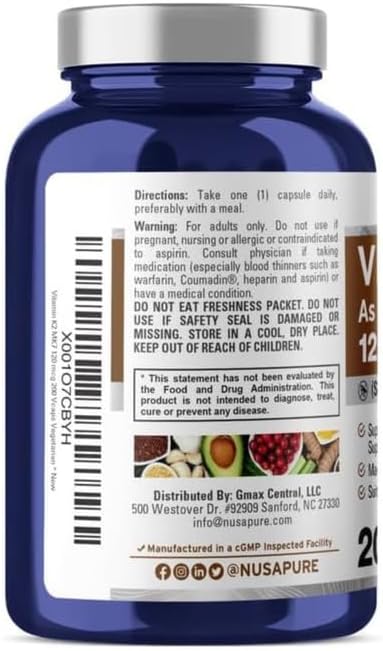 NusaPure Vitamin K2 MK7 120 mcg - 200 Veggie Caps (Soy Free, Non-GMO, Vegan)