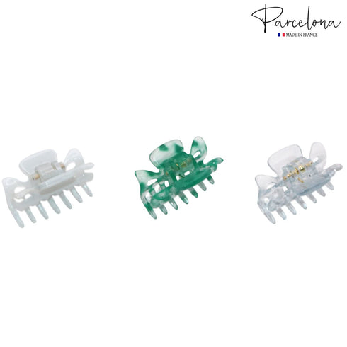 Parcelona French Classic Very Small Claw Clips Set of 3 for Girls Hair Accessories (Clear-White-Shadow Green)