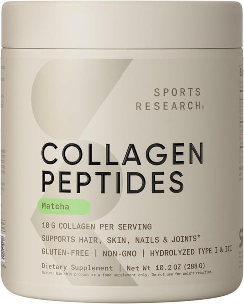 Sports Research Premium Collagen Peptides Powder with Organic Matcha Green Tea - Gluten Free Protein Supplement