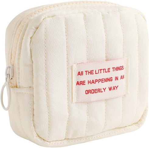 Small Makeup Bag - Quilted Travel Cosmetic Organizer in White Square Pouch with Zipper, Cute Toiletry Bag for Women