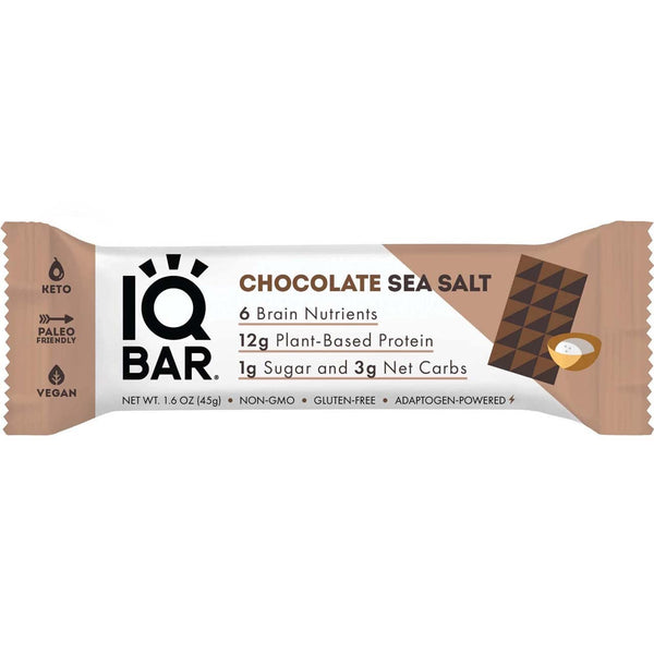 IQBAR Keto Protein Bar - Chocolate Sea Salt, Low Carb, High Fiber Vegan Snack, Meal Replacement Bar, 1.6 Ounces
