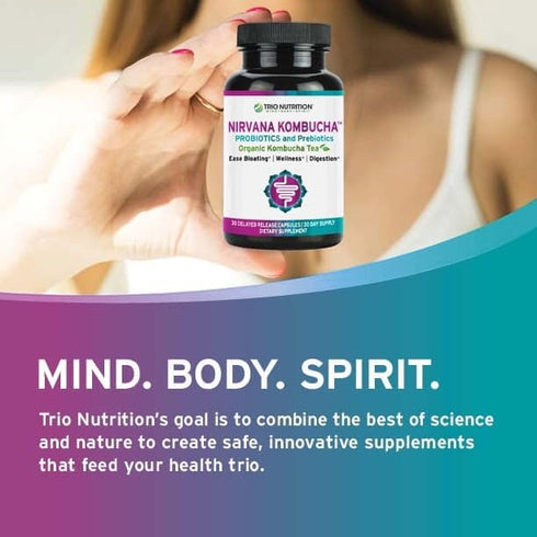 TRIO NUTRITION Nirvana Kombucha, Multi-Strain Probiotics & Prebiotic Blend with Organic Tea, Delayed-Release Capsules
