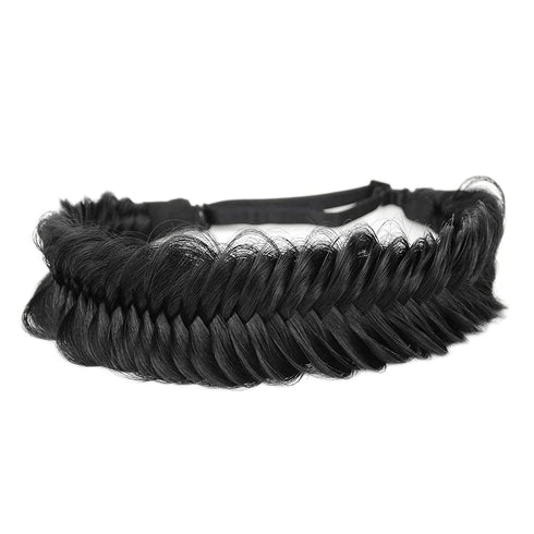 Wide Fishtail Black Headband for Women - Synthetic Hair Plaited Braids Elastic Stretch Fishtail Headband (Black)