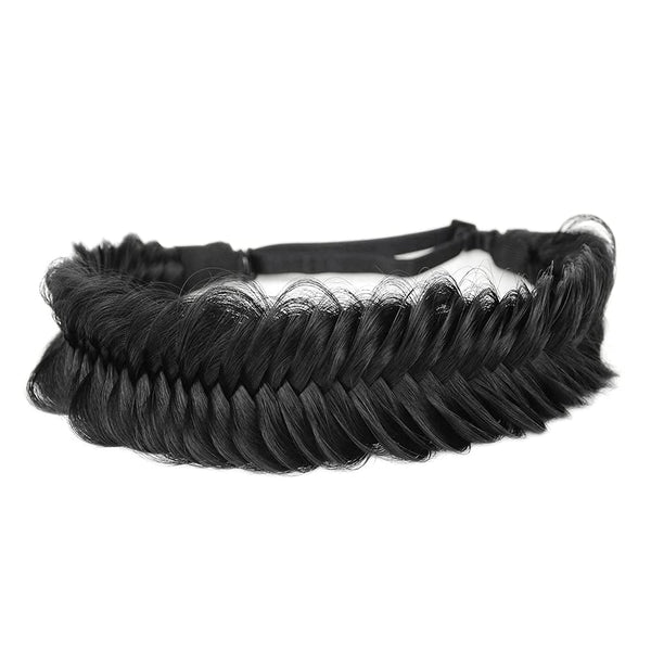 Wide Fishtail Black Headband for Women - Synthetic Hair Plaited Braids Elastic Stretch Fishtail Headband (Black)