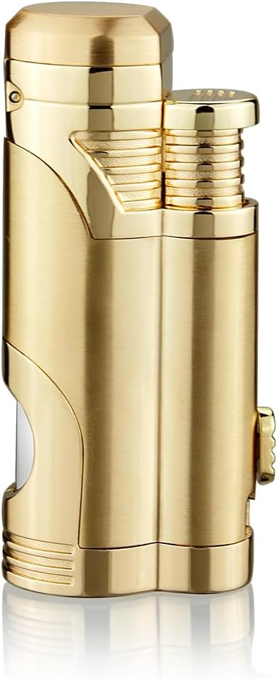 Cigar Torch Lighter with Punch, Butane Refillable, 2 Jet Flame, Windproof (Gold)