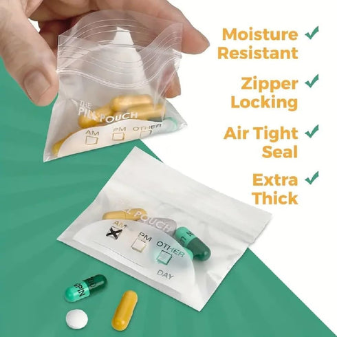 200 Piece Resealable Zipper Locking Pill Pouches - Daily AM PM Travel Organizer for Vitamins and Medications