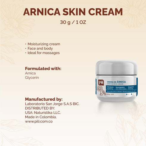Pili Arnica Cream Hydrating Moisturizer for Face & Body, 1 oz - Soothes Dry, Bruised & Irritated Skin