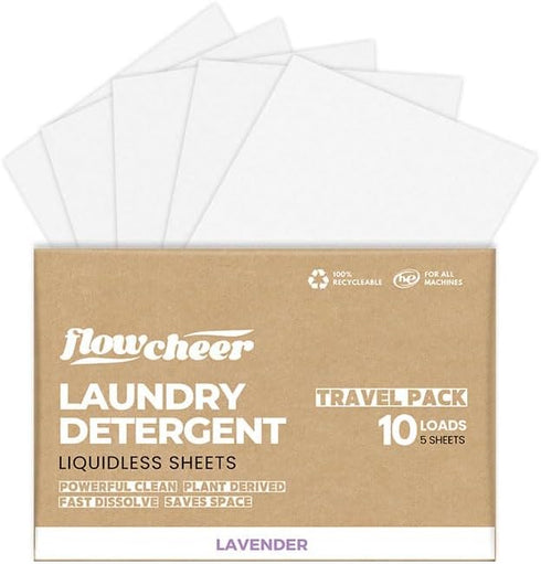 Laundry Detergent Sheets Travel Pack - 5 Sheets, 10 Loads Lavender Scented, No Plastic Jug, All Washing Machines