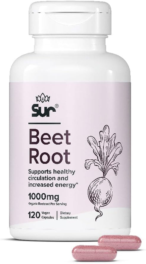 Sur Organic Beet Root Capsules 1000mg - Nitric Oxide Superfood for Healthy Circulation & Increased Energy, 120 Capsules