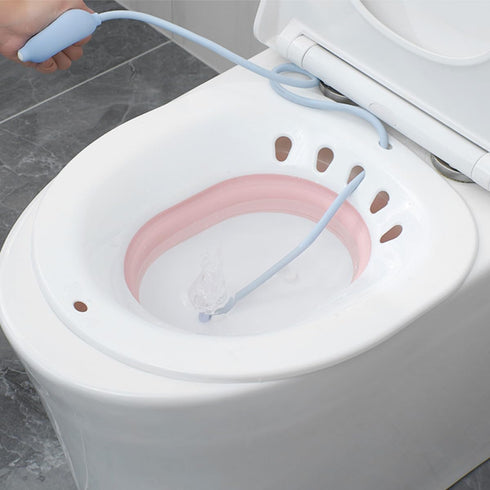 Portable Sitz Bath Basin with Flush for Postpartum and Postoperative Care, Foldable Pink Wash Basin for Pregnant Women