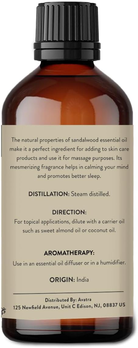 Avatra Sandalwood Essential Oil 3.38 Fl Oz - Natural Oil for Skin, Aromatherapy, Diffuser, Soap, Candle Making