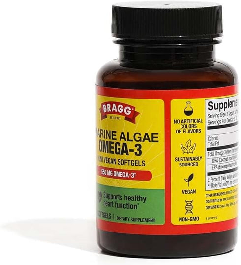 Bragg Vegan Omega 3 Supplement – Sustainably Sourced Marine Algae – Helps Support Brain, Eye & Heart Health - includes EPA & DHA Fatty Acids – Non-GMO - 60 Softgels