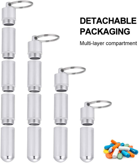 Drug Holder, Aluminum Alloy Waterproof Pill Key Chain Container with Key Ring for Daily Use (5 Cases)