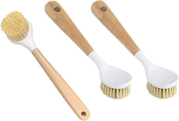 JININQ 3 Pack Dish Brush Set with Bamboo Handle,Dish Scrubber Built-in Scraper, Scrub
