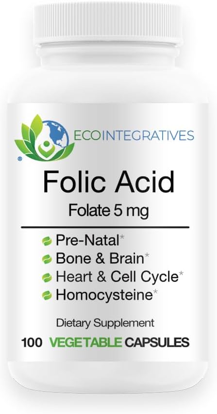 Folic Acid Folate 5mg (B9) Prenatal, Non-GMO Vegan Capsules for Reproductive Health and Immune Support