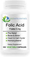 Folic Acid Folate 5mg (B9) Prenatal, Non-GMO Vegan Capsules for Reproductive Health and Immune Support
