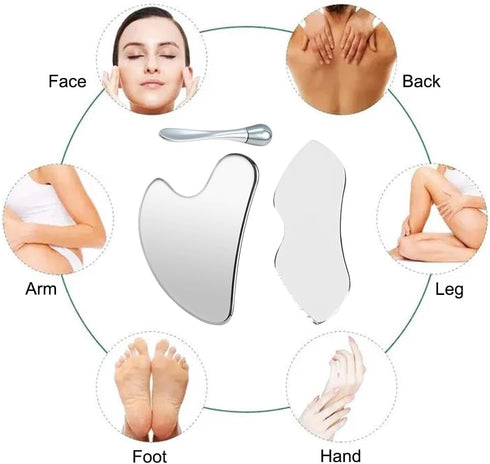 Mellisore Set, 3Pcs Stainless Steel Gua Sha Tool Facial & Body Gua Sha for Jawline Sculpting, Lymphatic Drainage