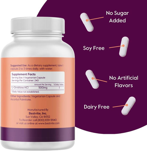 BESTVITE L-Ornithine 500mg (240 Vegetarian Capsules) - Vegan, Non-GMO, Gluten-Free, No Stearates or Fillers