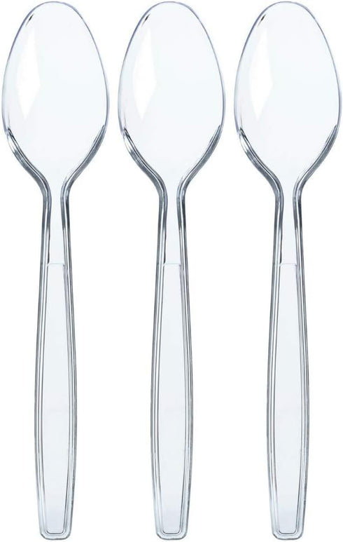 Prestee 500 Clear Plastic Spoons Bulk - Heavy Duty Disposable Cutlery, Plastic Spoon Flatware Pack, Utensil Set