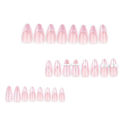 Press on Nails Medium Almond MABKJLF French Tip Fake Nails, Pink Full Cover with Bow Designs, 24Pcs