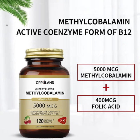 Vitamin B12 (Methylcobalamin) 5000 mcg, Folic Acid (Vitamin B9 Folate) 120 Chewable Tablets for Cirrhosis and Liver