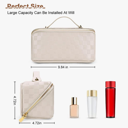 Large Capacity Travel Cosmetic Bag, Plaid Checkered Makeup Bag, Portable Leather Waterproof Skincare Bag