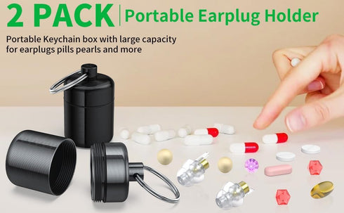 Ear Plug Carrying Case Keychain (2 Pack), Small Waterproof Metal Earplug Holder Container for Earplugs and Pills