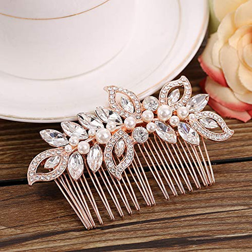 Kercisbeauty Wedding Bridal Rhinestone Crystal Leaf Hair Comb - Rose Gold Slide for Bridesmaids, Prom, Bun Hair