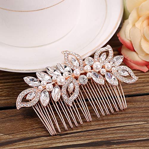 Kercisbeauty Wedding Bridal Rhinestone Crystal Leaf Hair Comb - Rose Gold Slide for Bridesmaids, Prom, Bun Hair