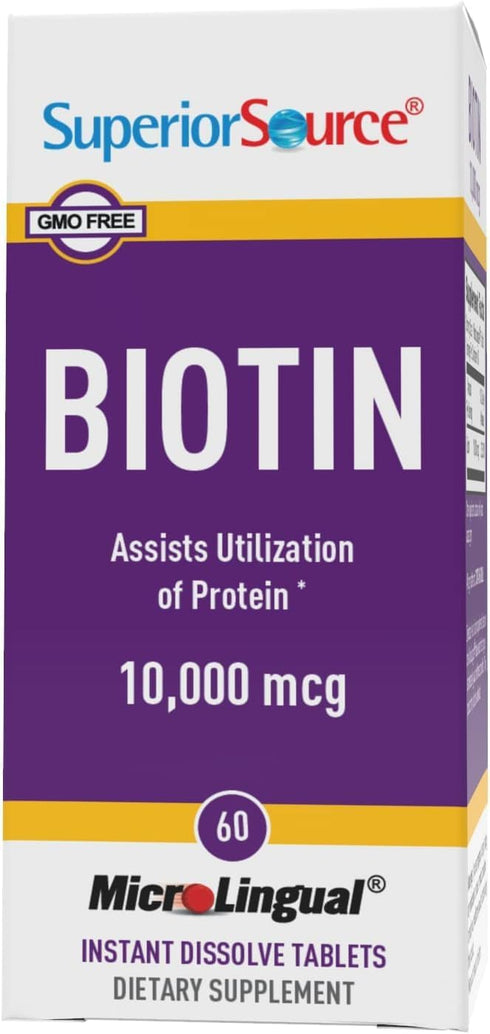 Superior Source Biotin 10,000 mcg - Daily Supplement for Hair Health & Growth, 60 Sublingual Tablets
