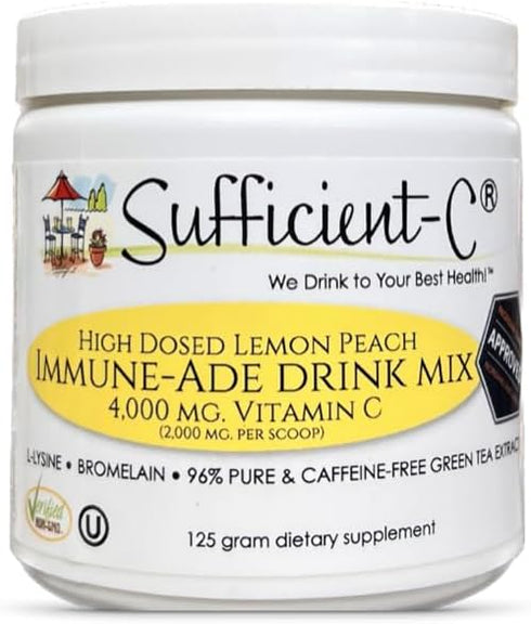 Sufficient-C High Dose Non-GMO Vitamin C Lemon Peach Immune-Ade Drink Mix, 125 Gram Size with L-lysine, Bromelain &