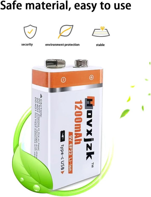 USB 9V Rechargeable Battery, Quick Charge in 1.5 Hours, 1200mAh with Type C Port Cable (2-Pack)