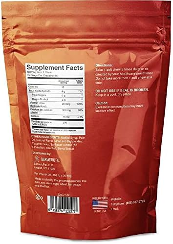 BariatricPal Sugar-Free Calcium Citrate Soft Chews, 500mg with Probiotics, 90 Count, French Caramel Vanilla