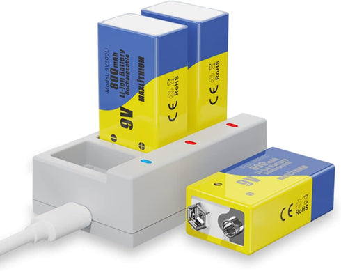 maxlithium 9v Rechargeable Batteries, Lithium-ion 9 Volt Battery Capacity 800mAh 7200mWh,3 Pack with