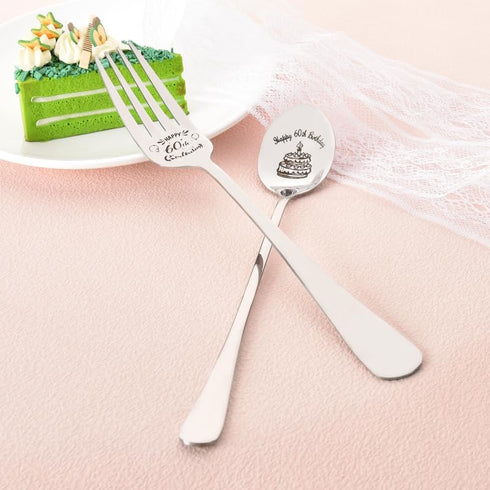 Happy 60th Birthday Gifts for Grandma Grandpa, Engraved Spoon Fork for Men Women, 60 Year Old Birthday Present
