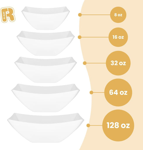 R-kay 6 Pack Square Plastic Serving Bowls, 16 Oz Disposable Heavy Duty White Bowls for Weddings, Catering