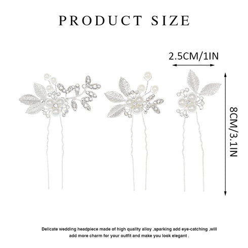 Heread Pearl Bride Wedding Hair Pins, Silver Leaf Bridal Hair Accessories for Women and Girls (Pack of 3)